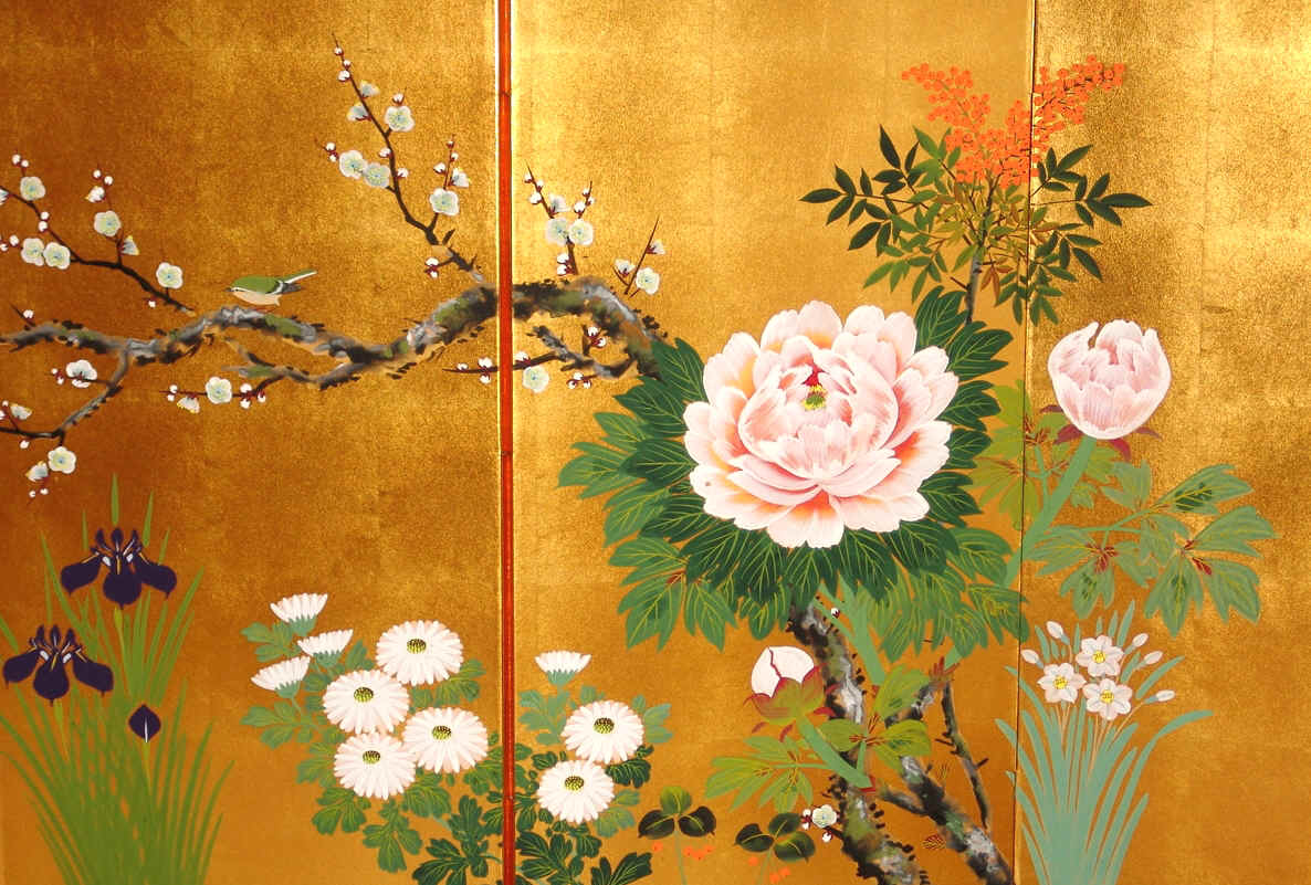 日野芳春 鎮宅守護四季花 掛軸 絹本 日野芳春 鎮宅守護四季花