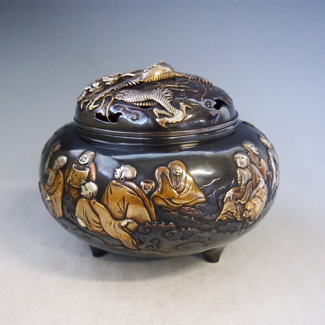 dk60-07,十六羅漢香炉 雲龍蓋 内島青鳳作 【 高岡銅器 】