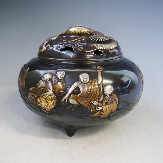 dk60-07,十六羅漢香炉 雲龍蓋 内島青鳳作 【 高岡銅器 】