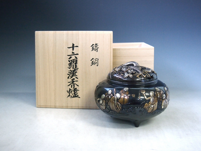 dk60-07,十六羅漢香炉 雲龍蓋 内島青鳳作 【 高岡銅器 】