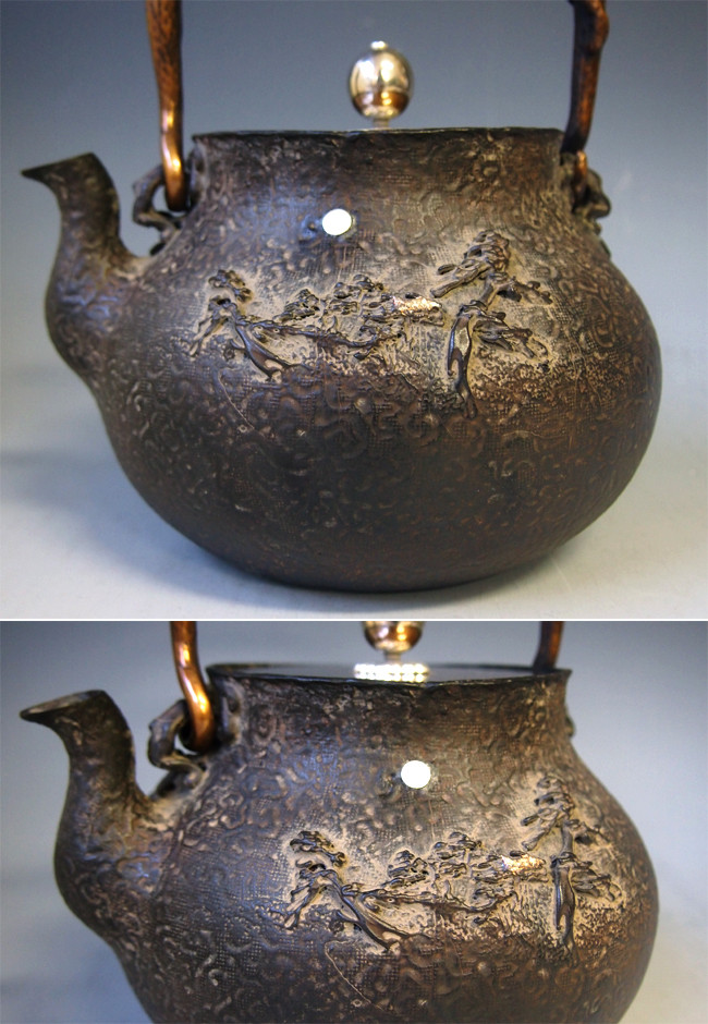 tb136 金龍堂写 富士形田舎地紋鉄瓶 本体に金銀象嵌入り 摘み・座：銀