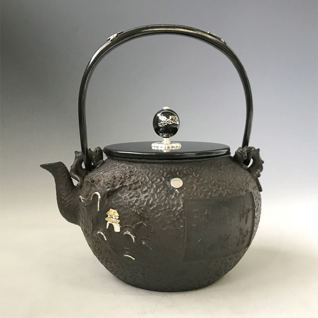 梅泉造 亀文堂 銅瓶 山水楼 帆船紋盖 象嵌叶提梁 梅泉造 亀文堂 銅瓶