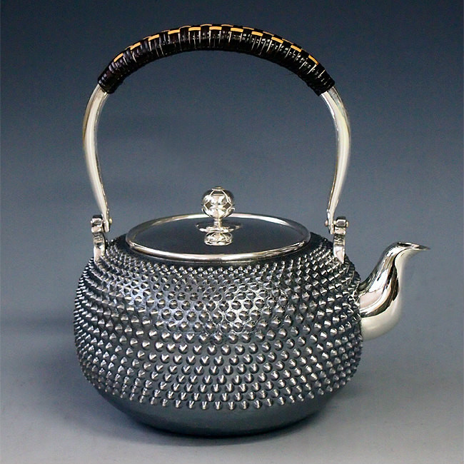 yw7 純銀製 湯沸 5寸 霰打 純銀保証 銀瓶 約1.3L【日本製・証明書付き】