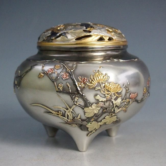 純銀火屋瑠璃香炉 青色ガラス容器 金属蓋付き 純銀火屋瑠璃香炉 青色