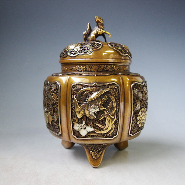 ☆美品 高岡銅器 瑞峰作 新特大 花鳥 高級銅製香炉工芸作家造 送料込み