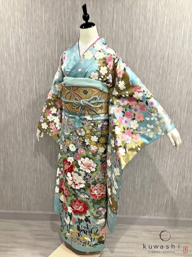 正絹振袖レンタル】 80002 ライトブルー百花爛漫地紋金箔振袖袋帯