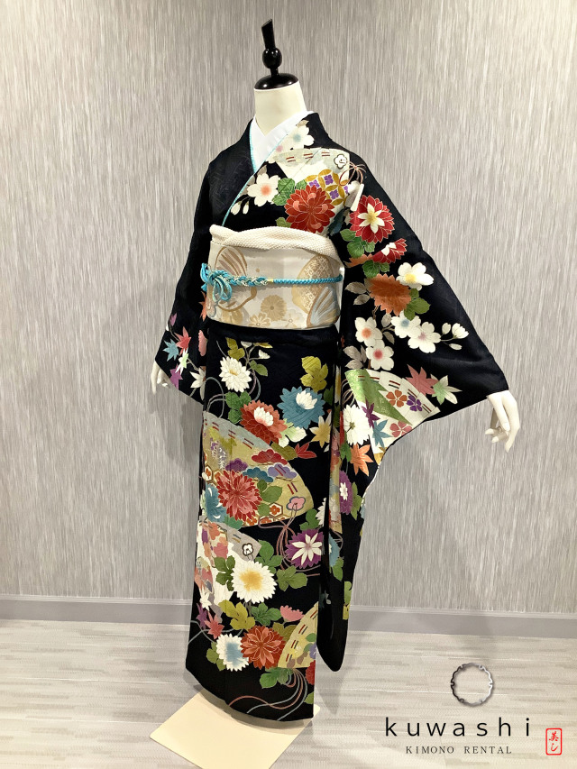 正絹振袖レンタル】 80007 ノーブルブラック彩花扇正絹振袖袋帯