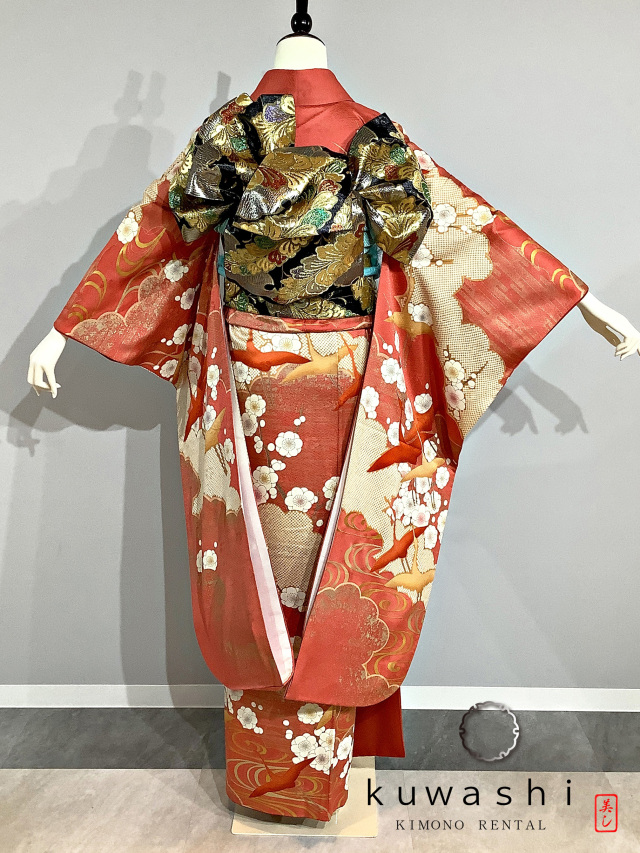 正絹振袖レンタル】 80027 朱赤地光琳鶴に梅正絹振袖袋帯セット