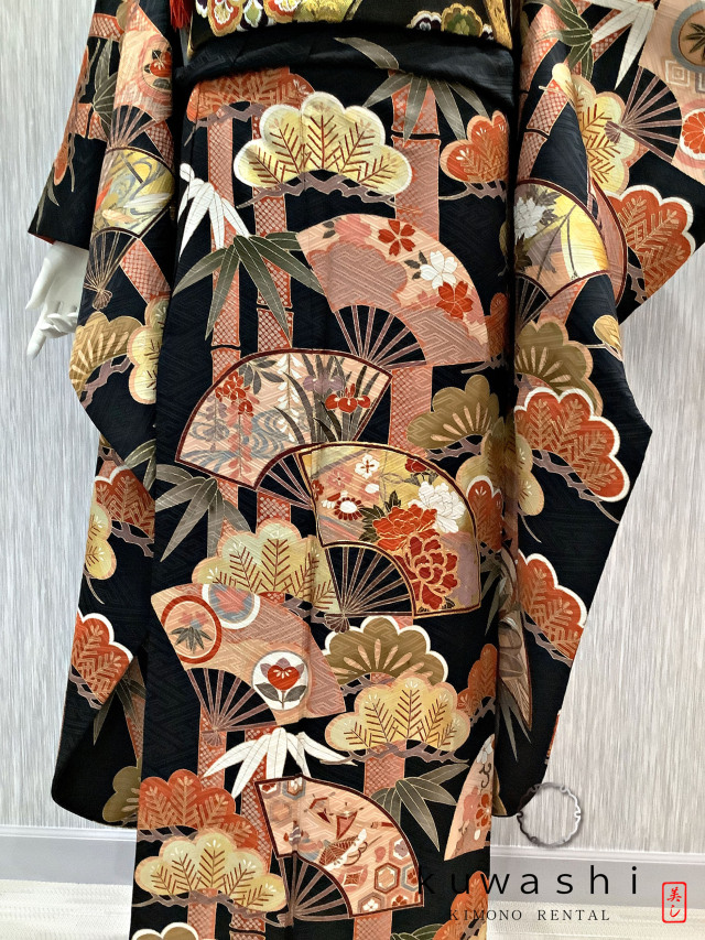 正絹振袖レンタル】 80032 黒地竹に扇松正絹振袖袋帯セット