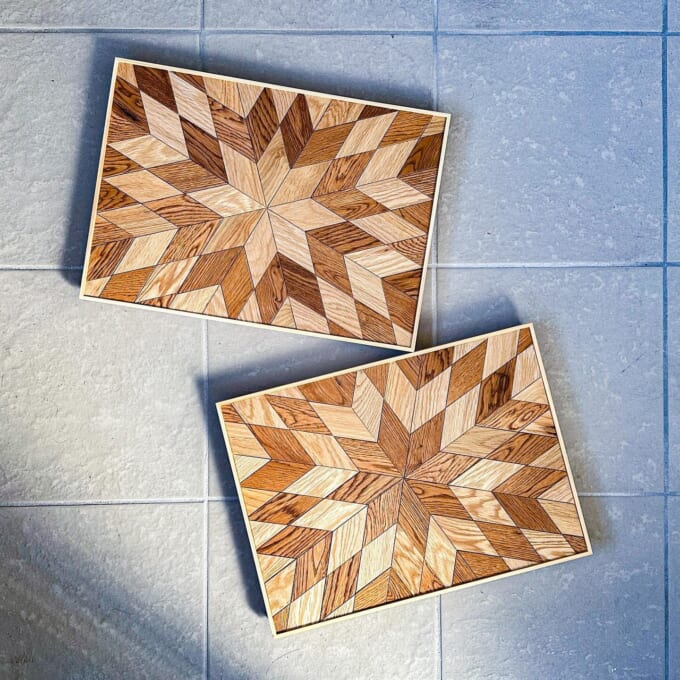 木の色がつくる柄の自然な風合いを楽しむ「パッチワークテーブル