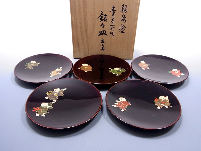 輪島塗 木製漆器 朱塗 銘々皿5枚 輪島塗の童子蒔絵絵変り銘々