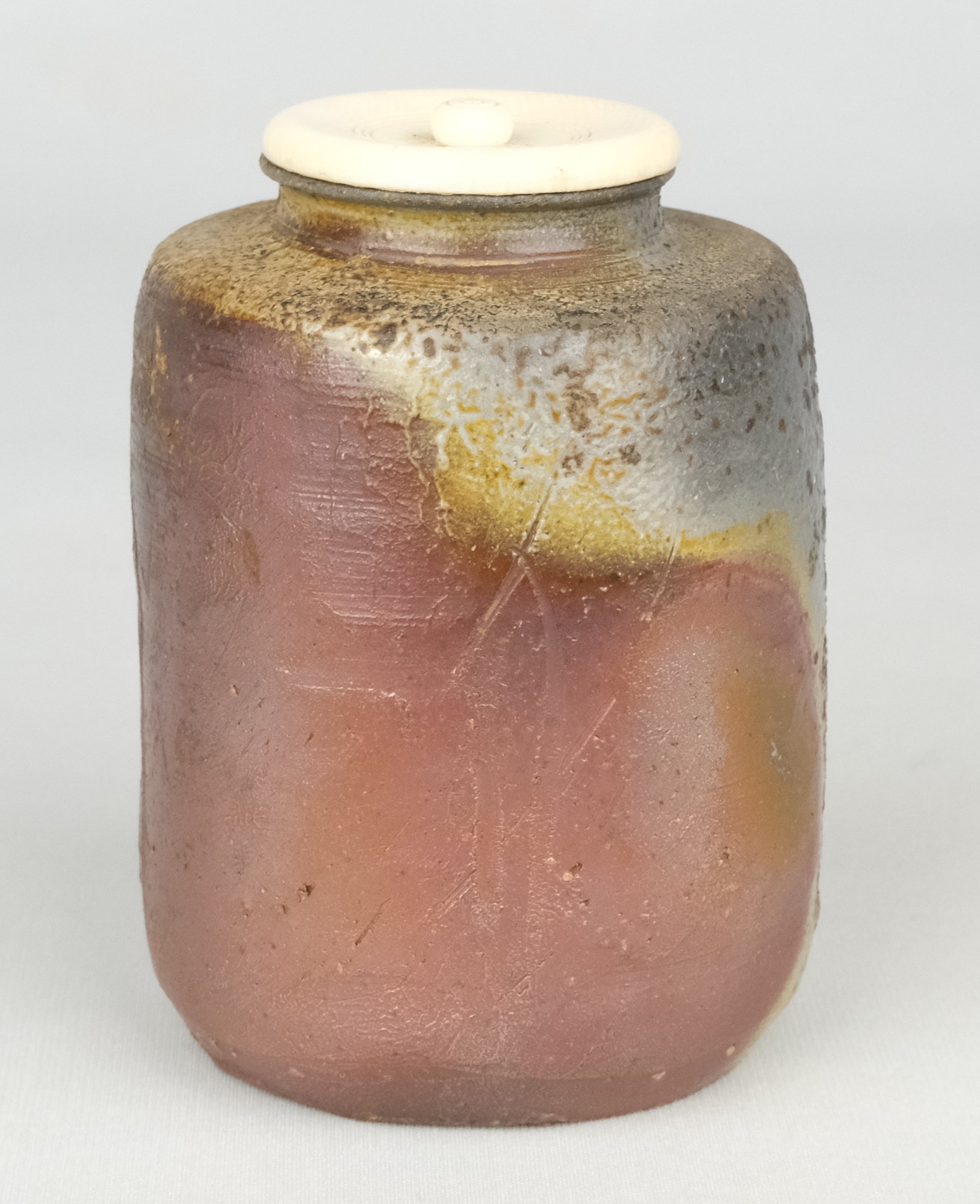 茶道具、肩衝茶入、備前桟切焼、陶峰作、おき14番 備前肩衝火襷茶入