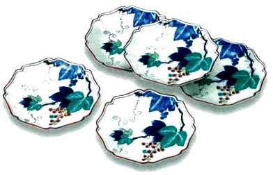 九谷焼・絵皿》 九谷焼皿揃 染付ぶどう（食器・化粧箱入／送料サービス）