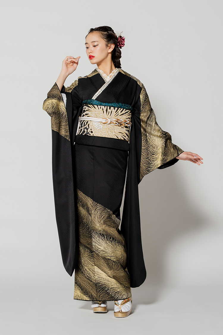 No.1162 【新品/金彩友禅】漆黒に流れるように配された金彩加工が、華