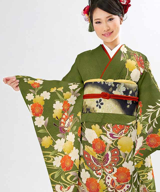 明石・神戸の振袖レンタル はいの｜振袖レンタル｜濃緑波車輪蝶花づくし