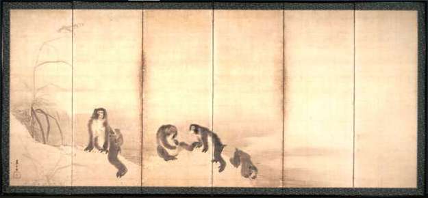 群猿図屏風 長沢芦雪筆 長沢芦雪 金地押貼屏風 六