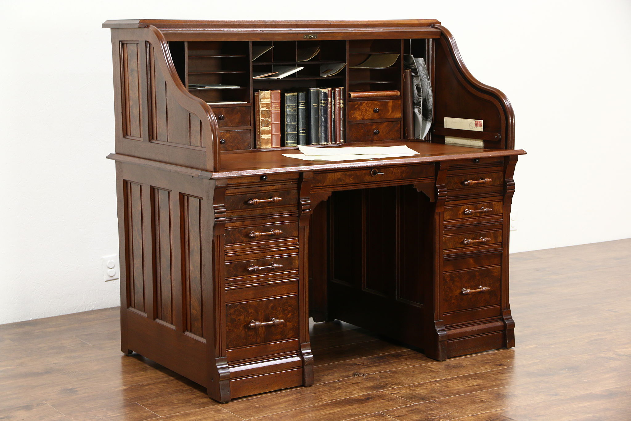 Victorian 1885 Antique Walnut & Burl Antique S Curve Roll Top Desk