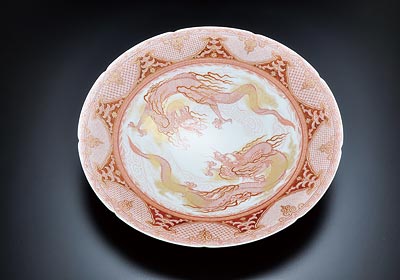 □福島武山□赤絵九谷焼陶板・陶版画□額装□ □福島武山□赤絵九谷焼