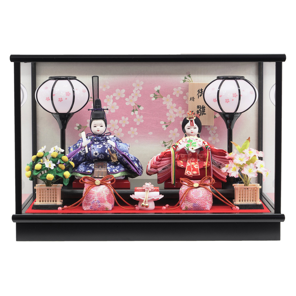 日本人形 ガラスケース入り 黒赤衣装