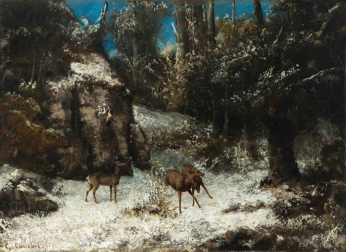 ギュスターヴ クールベ 鹿のすみか、冬 油絵 複製 F6号 額縁付き