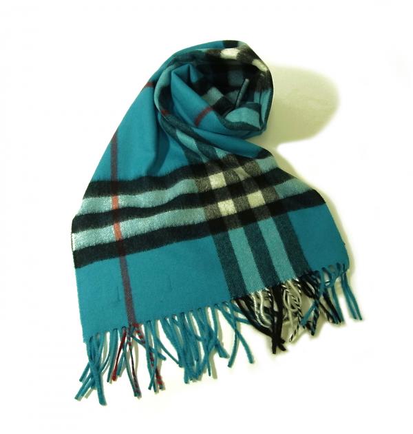 バーバリー カシミアマフラー（ブライトターコイズチェック柄
