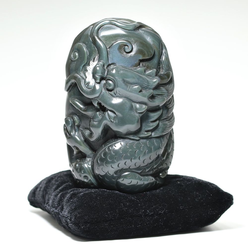 高品質]メキシコ産レインボーオブシディアン黒曜石/(辰)龍彫刻（全高約