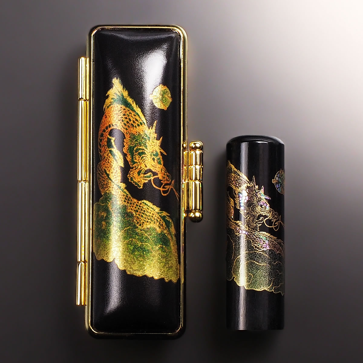 黒水牛現代蒔絵の黒水牛蒔絵個人印鑑セット/開運(龍)/雲龍/黒水牛蒔絵