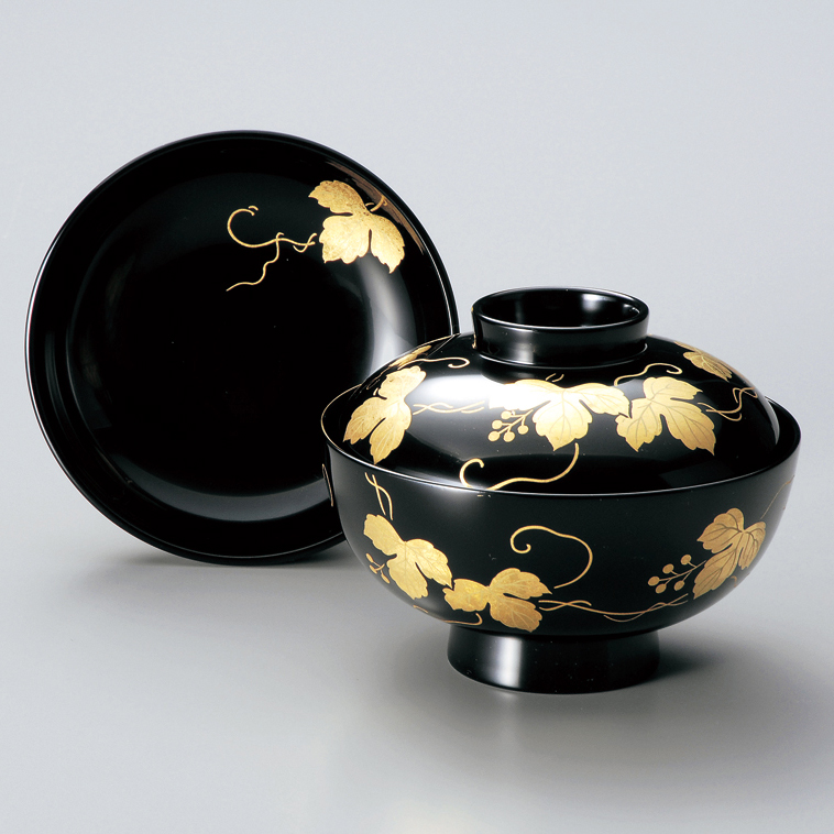 CK71 漆芸 木製漆器 輪島塗 柿蒔絵 黒塗御吸物椀 三客 / 秋 果物