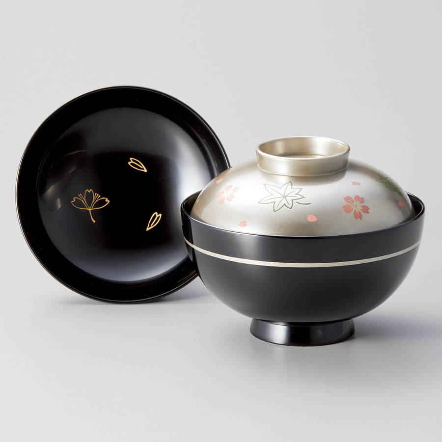 吸物椀 銀彩桜楓 黒 木製 漆塗り 12-00402 漆器の井助