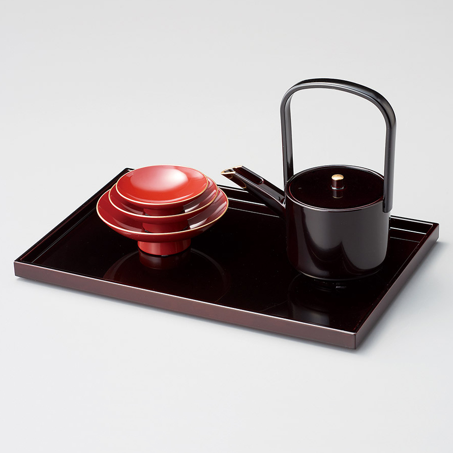 時代物 屠蘇器・重箱セット 木製漆器 朱塗り金蒔絵 鶴に松 縁起柄 長寿