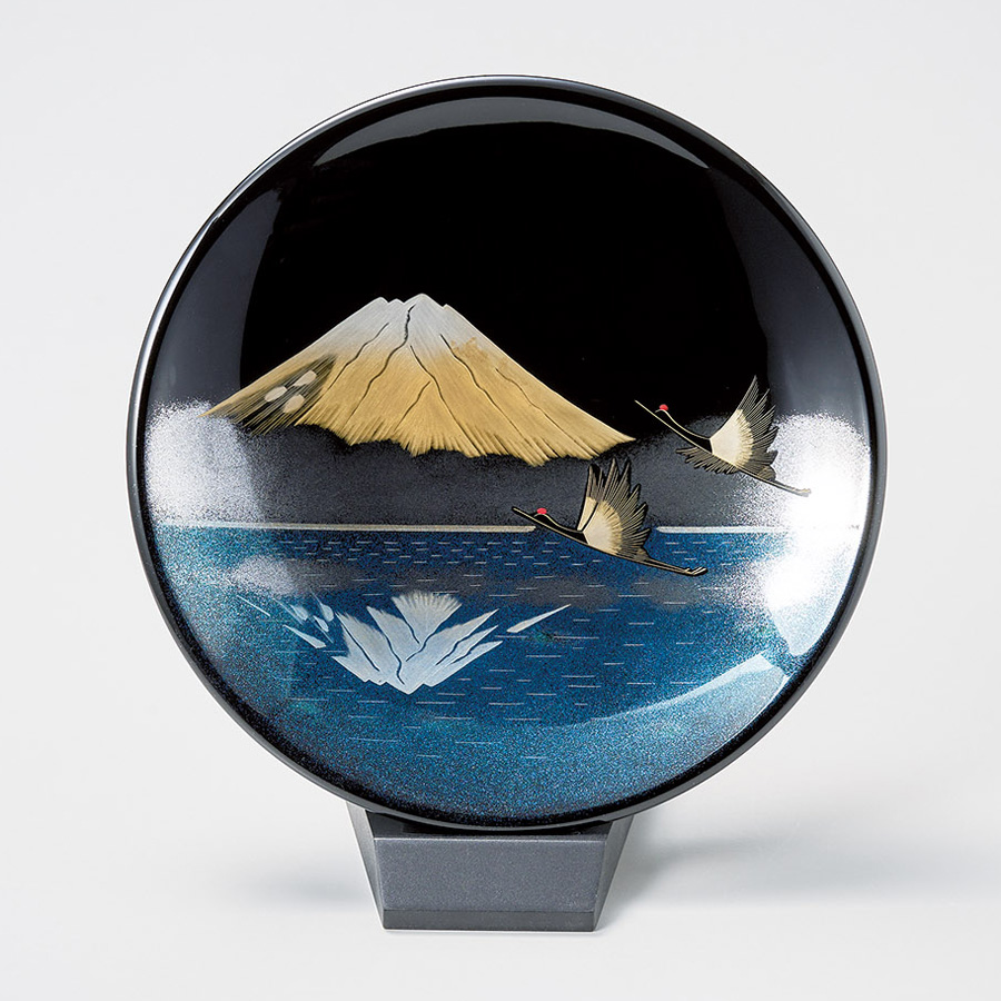 飾り皿 金富士夫婦鶴（小）スタンド付 漆塗り・木製 漆器の井助