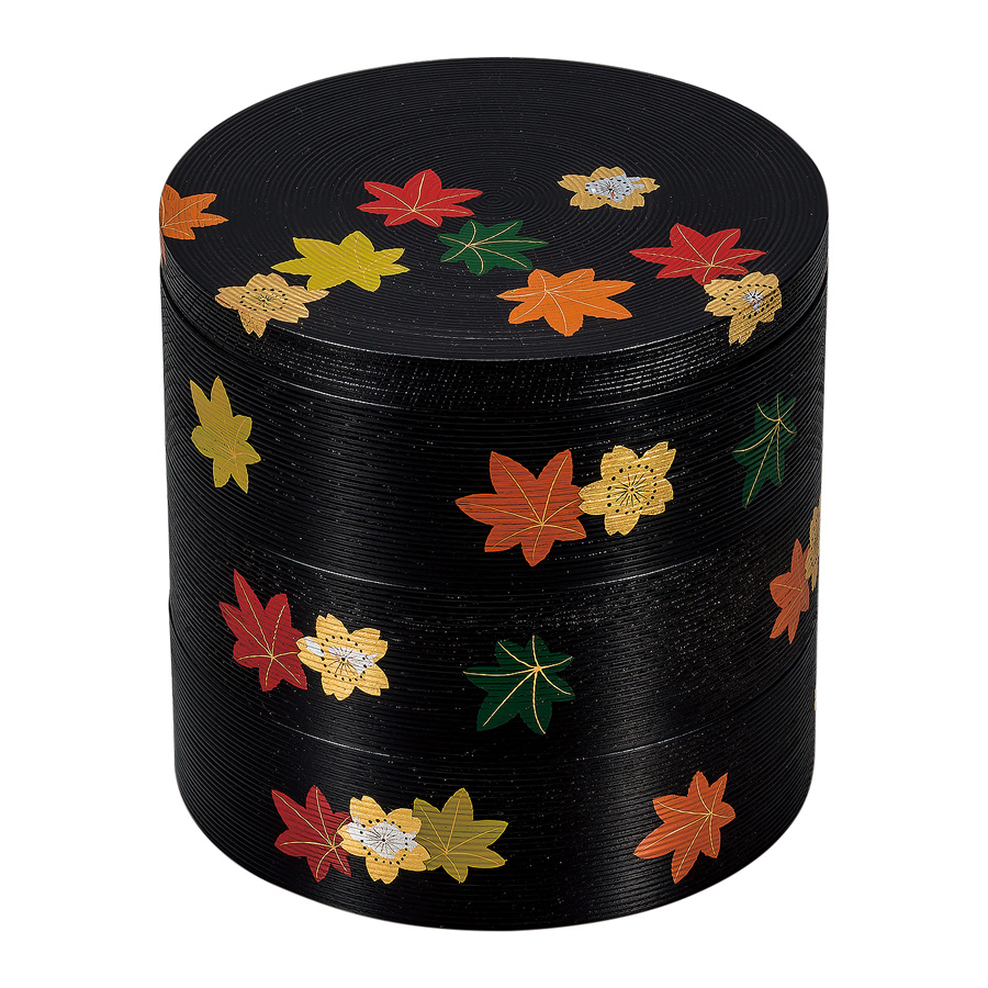 漆器 重箱 金色花模様 本漆 木製 重箱3点セット 木箱付き 漆器