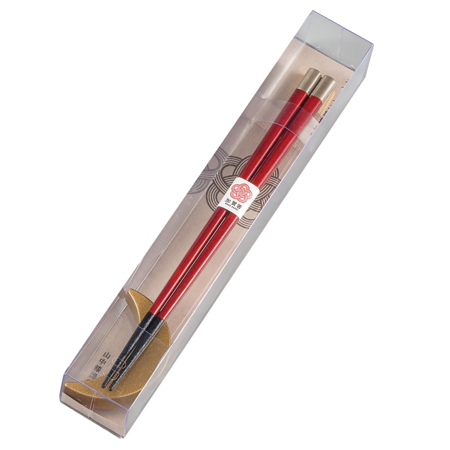 箸・箸置きセット 銀彩（透明ケース入り） 赤/黒 木製漆塗りのお箸