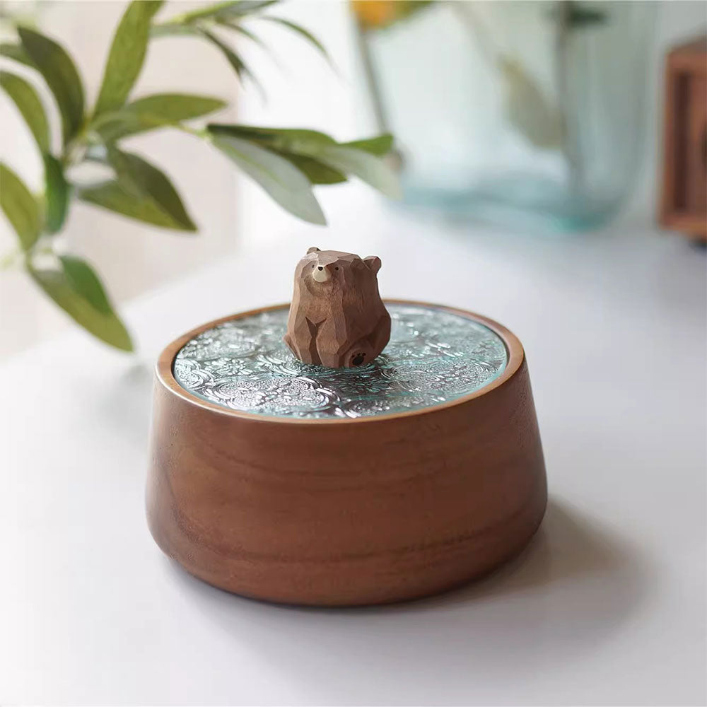 木製 収納ケース＆ティートレー 丸形 可愛い 動物 収納ボックス 彫刻