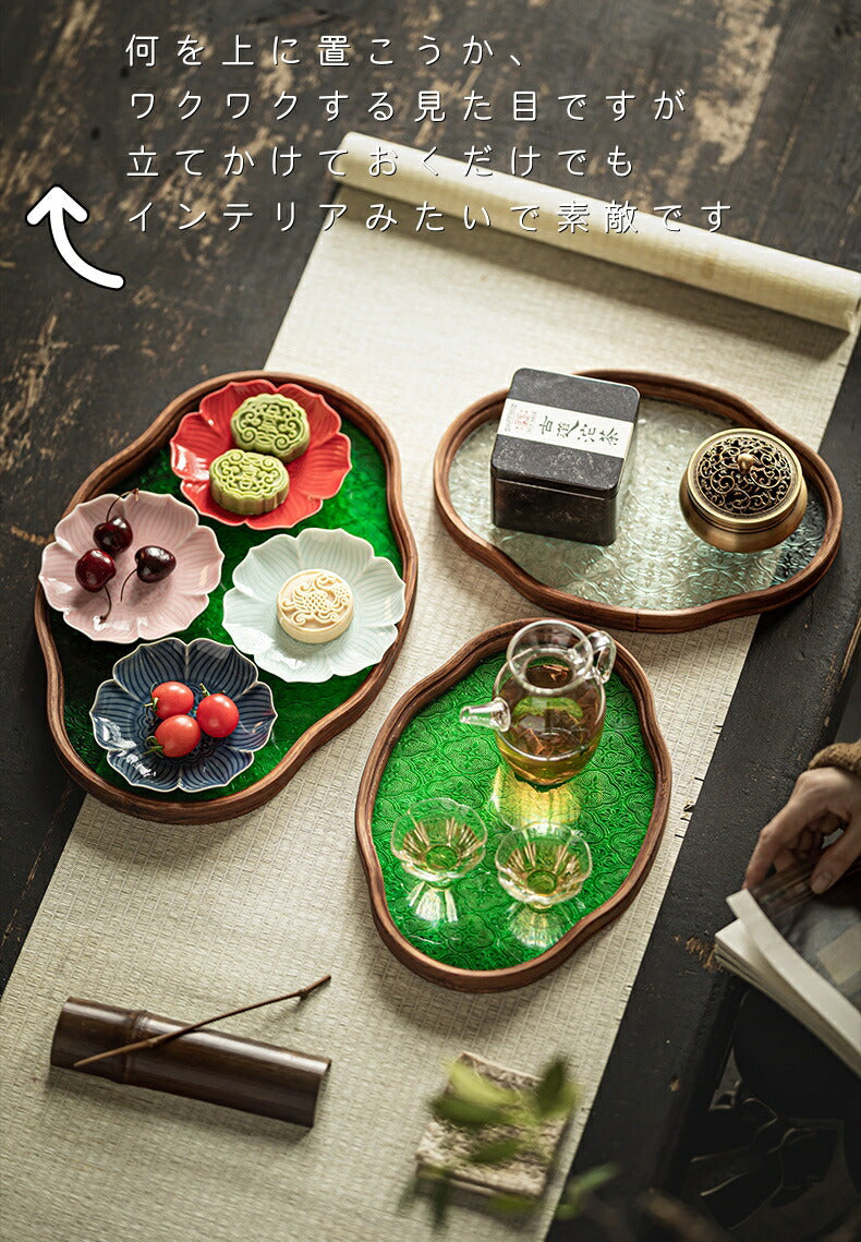 カットガラス ピンクと緑 アンティーク 装飾品 お皿 カットガラス