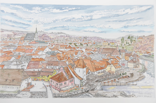 風景画 水彩画 チェスキー・クロムロフ(チェコ)の町並を望む 風景画