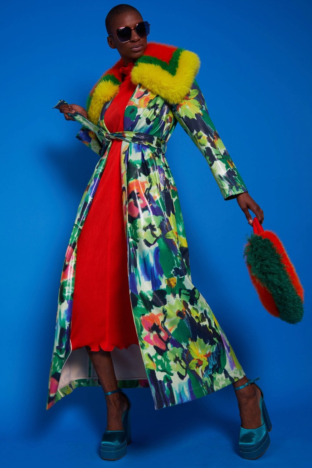 JAYLEY Multi Coloured Floral Trench Coat with Oversized Faux Fur