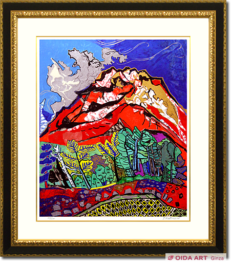 F4号】手描き油彩 片岡球子【富士】額縁 未使用額 サイン 落款 絵画 赤