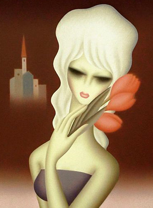 東郷青児」抽象的な女性像の絵画チューリップ