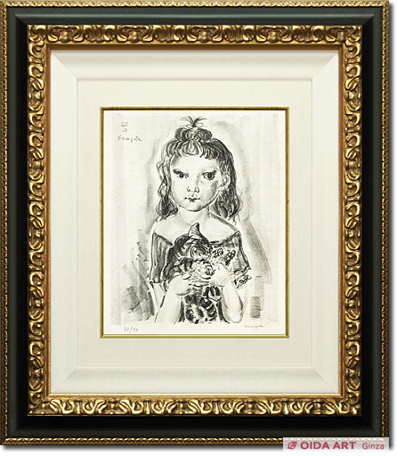 藤田嗣治（レオナール・フジタ）「猫を抱く少女」 作者サインあり 12