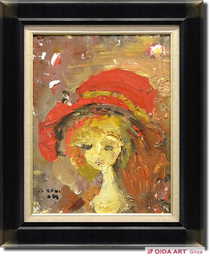 織田廣喜 赤い帽子の少女 油彩 裏書有り 二科会理事長 0号 e3151 織田