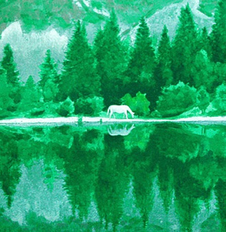 東山魁夷「緑の朝」大作 湖畔 風景画 水彩画 木製フレーム 東山魁夷「