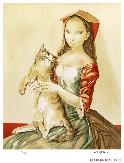 藤田嗣治（レオナール・フジタ）「猫を抱く少女」 作者サインあり 12