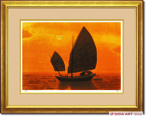 夕焼けの海 Kim 8/100 題名夕焼けの海、作者 Kim 、版画No．8/100