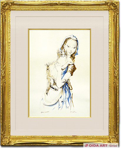 藤田嗣治、絵画、油彩4号、猫を抱く少女、肉筆、新品額縁、鴨居玲