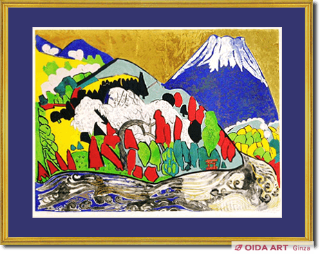 模写】「赤富士」片岡球子 手描き 日本画/静物画/風景画/水彩画/額縁