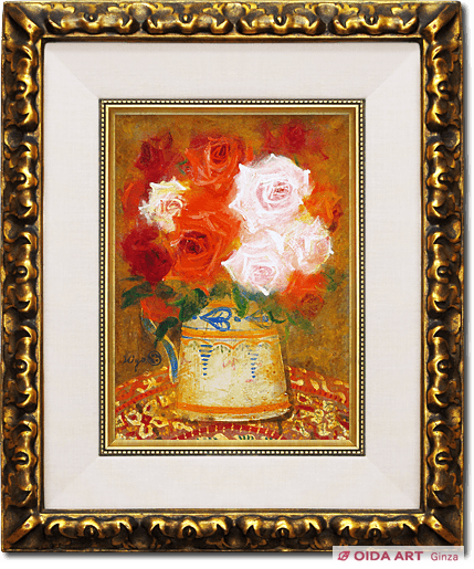 清原啓一 真作「李朝壺の薔薇」 油彩6号 サイン 裏面に題名・署名 格調