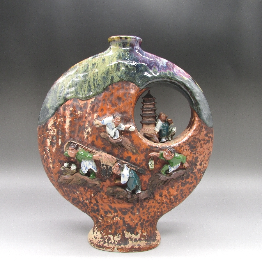 隅田焼 二代 井上良斎 立体造形花瓶 東京焼 横浜焼