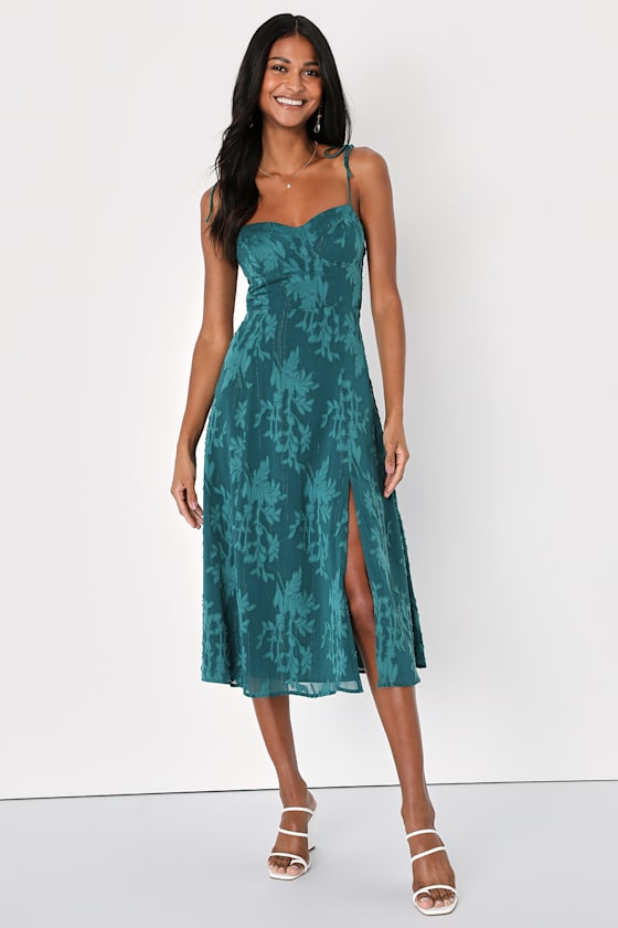 Emerald Green Midi Dress - Floral Jacquard Dress - Bustier Dress
