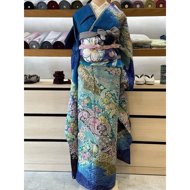 幻の花 辻が花染手描き友禅 豪華な絞り振袖 青 〈フルオーダーお仕立て